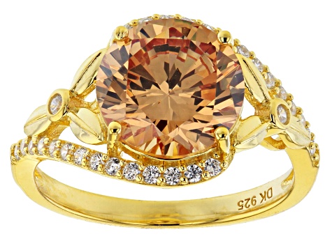 Champagne And White Cubic Zirconia 18K Yellow Gold Over Sterling Silver Ring 7.01ctw