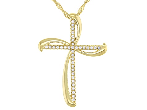 White Cubic Zirconia 18K Yellow Gold Over Sterling Silver Cross Pendant With Chain 0.34ctw