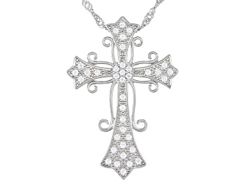 Picture of White Cubic Zirconia Rhodium Over Sterling Silver Cross Pendant With Chain 0.68ctw