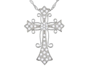 White Cubic Zirconia Rhodium Over Sterling Silver Cross Pendant With Chain 0.68ctw