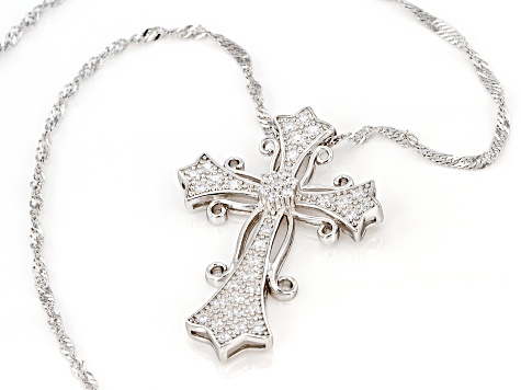 White Cubic Zirconia Rhodium Over Sterling Silver Cross Pendant With Chain 0.68ctw