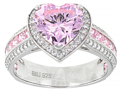 Pink and White Cubic Zirconia Rhodium Over Sterling Silver Heart Ring 6.66ctw