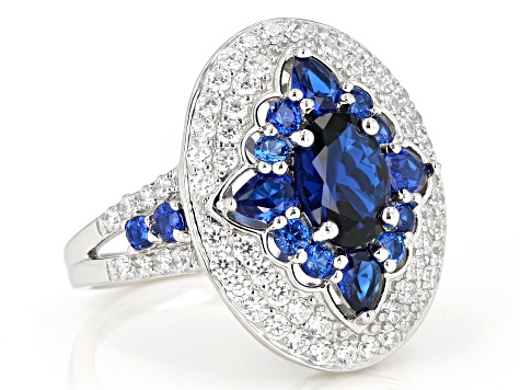 Blue And White Cubic Zirconia Rhodium Over Sterling Silver Ring 4.07ctw