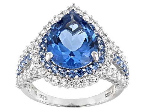 Blue And White Cubic Zirconia Rhodium Over Sterling Silver Ring 6.34ctw ...