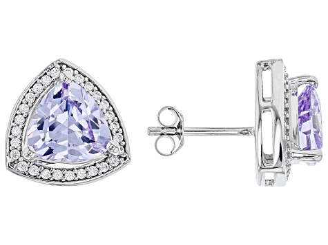 Rhodium Sterling Silver Heart Shape Cut Purple CZ Center Heart Halo Push-Back Earrings