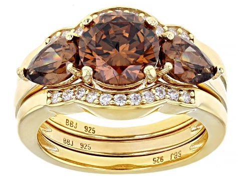 Mocha And White Cubic Zirconia 18k Yellow Gold Over Sterling Silver Ring With Bands 6.39ctw