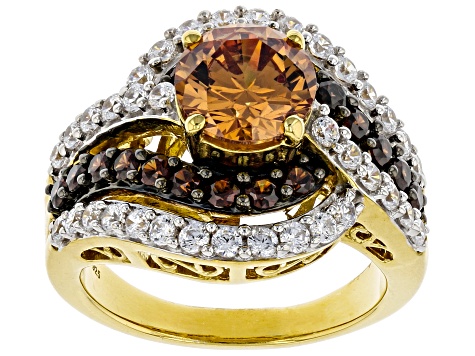 Champagne, Mocha, and White Cubic Zirconia 18K Yellow Gold Over Silver Ring 6.05ctw