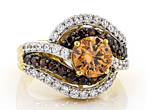 Champagne, Mocha, and White Cubic Zirconia 18K Yellow Gold Over Silver Ring 6.05ctw