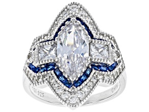 White Cubic Zirconia And Lab Created Blue Spinel Rhodium Over Silver Ring 5.27ctw