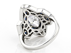 White Cubic Zirconia And Lab Created Blue Spinel Rhodium Over Silver Ring 5.27ctw