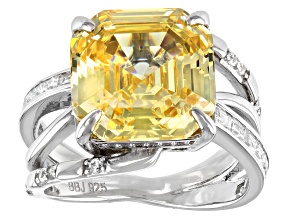 Yellow And White Cubic Zirconia Rhodium Over Sterling Silver Asscher Cut Ring 16.89ctw