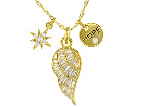 White Cubic Zirconia 18K Yellow Gold Over Sterling Silver Inspirational Pendant With Chain 1.37ctw