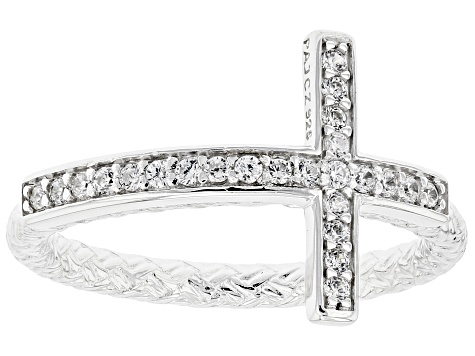 White Cubic Zirconia Rhodium Over Sterling Silver Cross Ring 0.38