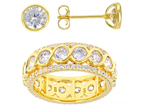 White Cubic Zirconia 18K Yellow Gold Over Sterling Silver Ring And Earrings 9.30ctw