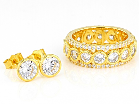 White Cubic Zirconia 18K Yellow Gold Over Sterling Silver Ring And Earrings 9.30ctw