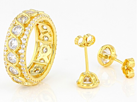 White Cubic Zirconia 18K Yellow Gold Over Sterling Silver Ring And Earrings 9.30ctw