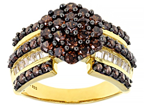 Mocha And White Cubic Zirconia 18K Yellow Gold Over Sterling Silver Ring 3.81ctw