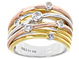 White Cubic Zirconia Rhodium And 18K Yellow And Rose Gold Over Sterling Silver Ring 0.38ctw