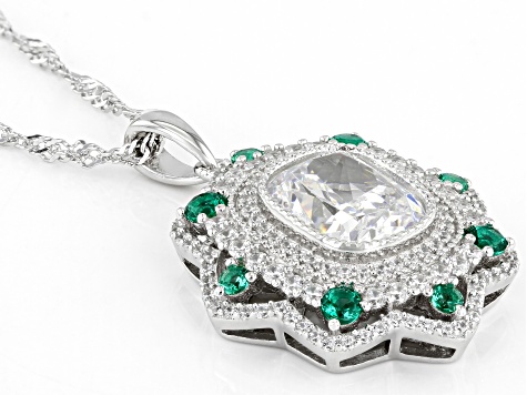 White Cubic Zirconia And Lab Created Green Spinel Rhodium Over Sterling Silver Pendant With Chain