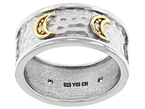 White Cubic Zirconia Rhodium And 14K Yellow Gold Over Sterling Silver Moon Band Ring 0.08ctw