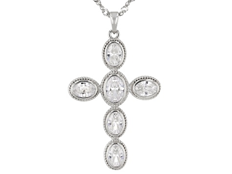 White Cubic Zirconia Rhodium Over Sterling Silver Cross Pendant With Chain 4.92ctw