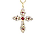 Lab Created Ruby And White Cubic Zirconia 18K Yellow Gold Over Silver Cross Pendant With Chain
