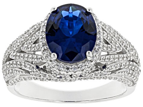 Lab Created Blue Spinel And White Cubic Zirconia Rhodium Over Sterling Silver Ring 5.53ctw