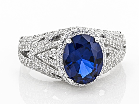 Blue Lab Created Spinel And White Cubic Zirconia Rhodium Over Sterling Silver Ring 5.53ctw