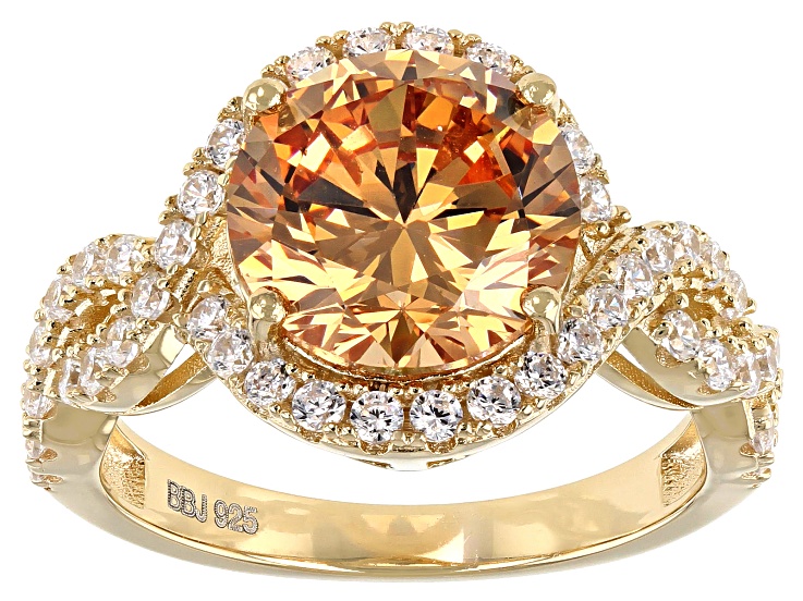 Champagne And White Cubic Zirconia 18K Yellow Gold Over Sterling Silver Ring 8.02ctw