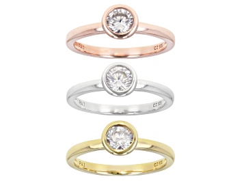 Picture of White Cubic Zirconia Rhodium And 18K Yellow And Rose Gold Over Sterling Silver Ring Set 2.43ctw