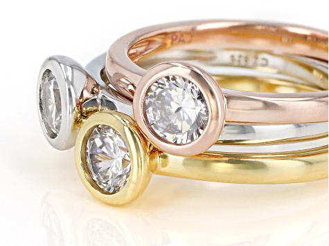 White Cubic Zirconia Rhodium And 18K Yellow And Rose Gold Over Sterling Silver Ring Set 2.43ctw