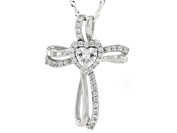 Picture of Cubic Zirconia Rhodium Over Sterling Silver Cross Heart Pendant With Chain 2.31ctw (1.31ctw DEW)