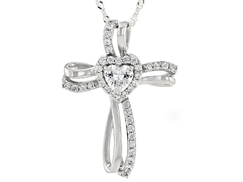 Cubic Zirconia Rhodium Over Sterling Silver Cross Heart Pendant With Chain 2.31ctw (1.31ctw DEW)
