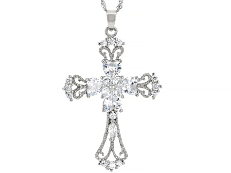 White Cubic Zirconia Rhodium Over Silver Cross Pendant With 18"Chain and 2" Extender 4.70ctw