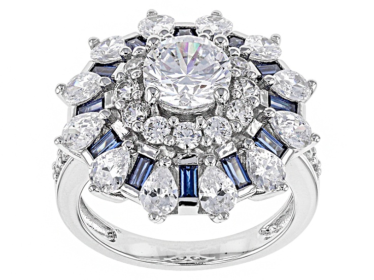 Blue And White Cubic Zirconia Rhodium Over Sterling Silver Ring 6.25ctw