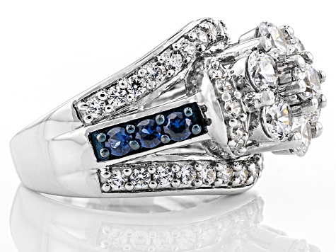 White Cubic Zirconia And Lab Created Blue Sapphire Rhodium Over Sterling Silver Ring 5.52ctw