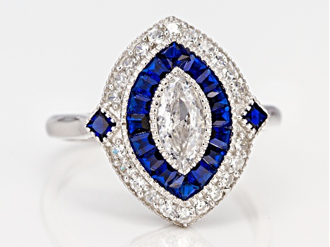 Blue Lab Created Spinel And White Cubic Zirconia Rhodium Over Sterling Silver Ring 1.62ctw