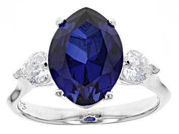 Picture of Blue Lab Created Sapphire And White Cubic Zirconia Rhodium Over Silver Heart Ring 5.49ctw