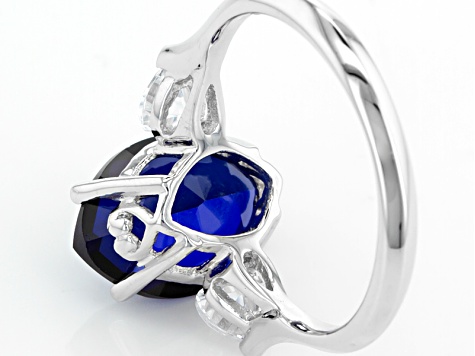 Blue Lab Created Sapphire And White Cubic Zirconia Rhodium Over Silver Heart Ring 5.49ctw
