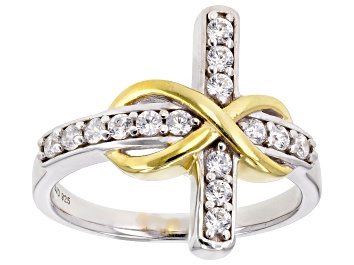 Picture of Cubic Zirconia Rhodium And 18k Yellow Gold Over Silver Cross Ring .70ctw (.37ctw DEW)
