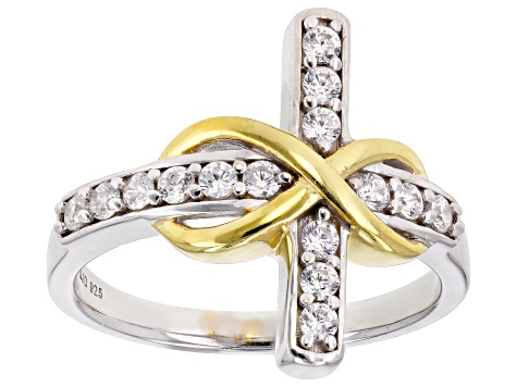 Cubic Zirconia Rhodium And 18k Yellow Gold Over Silver Cross Ring .70ctw (.37ctw DEW)