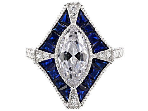 Lab Created Blue Spinel And White Cubic Zirconia Rhodium Over Sterling Ring 3.86ctw