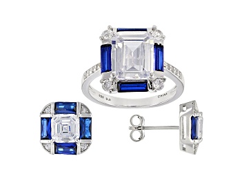 Picture of Lab Created Blue Spinel And White Cubic Zirconia Rhodium Over Sterling Silver Set 10.98ctw