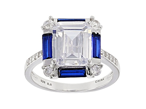 Lab Created Blue Spinel And White Cubic Zirconia Rhodium Over Sterling Silver Set 10.98ctw