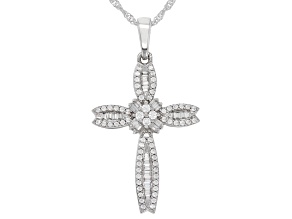 White Cubic Zirconia Platinum Over Sterling Silver Cross Pendant With Chain 1.20ctw