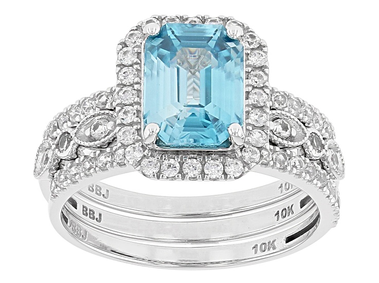 Blue Zircon Rhodium Over 10k White Gold Ring Set 4.20ctw