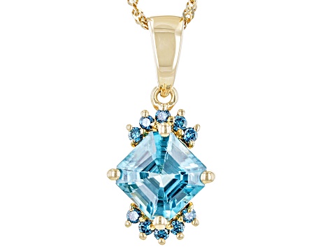 Blue Zircon With Blue Diamond 10k Yellow Gold Pendant With Chain 2.57ctw