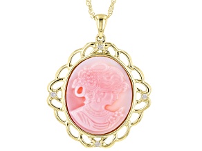 Pink Conch Shell Cameo 10k Yellow Gold Pendant With Chain 0.03ctw