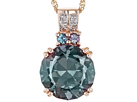 Blue Lab Created Alexandrite With White Diamond 10k Rose Gold Pendant With Chain 4.08ctw