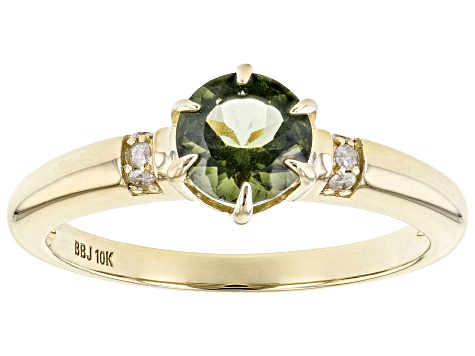 Green Moldavite With White Diamond 10k Yellow Gold Ring 0.60ctw